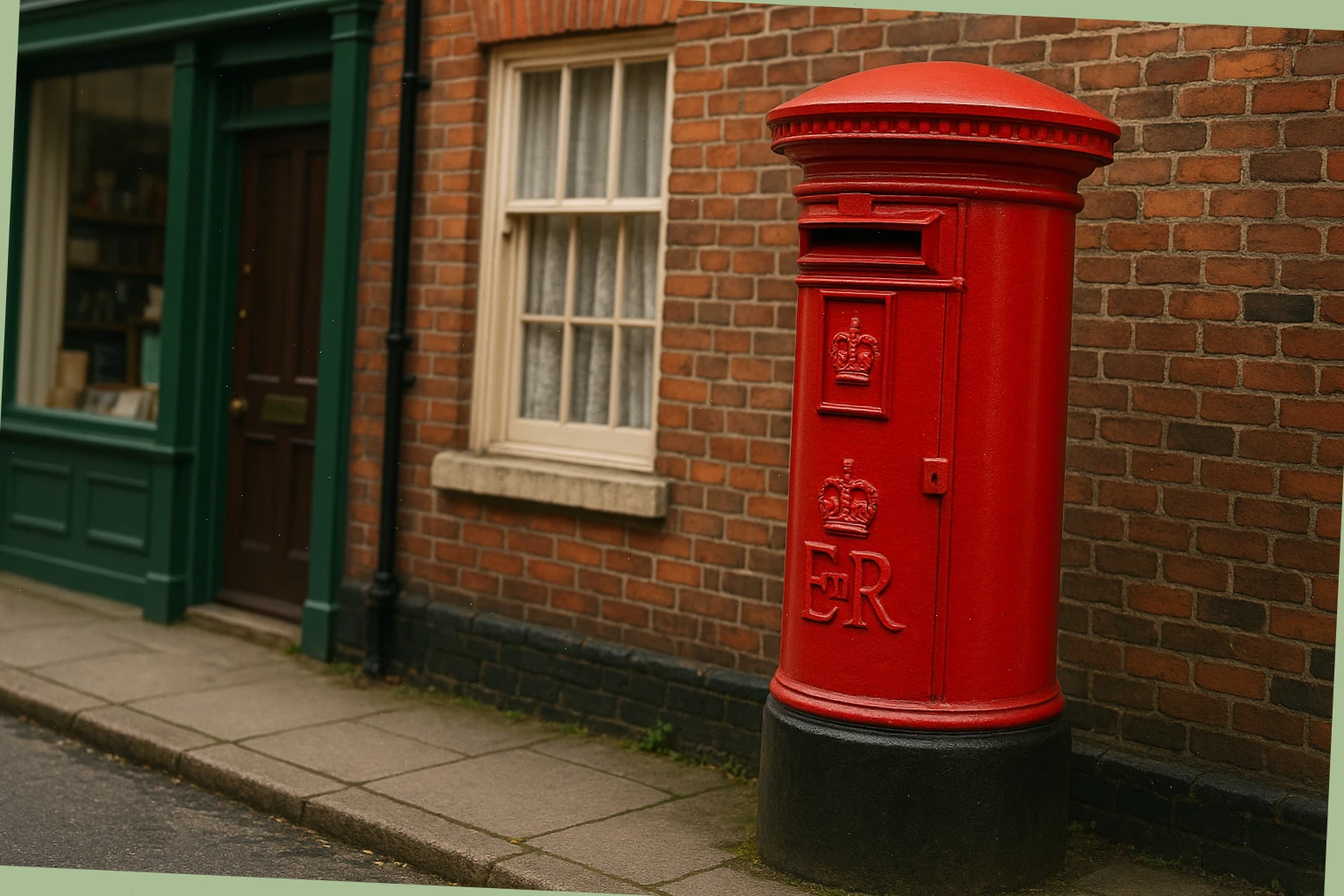 Red pillar box with royal cipher beside brick terrace and shopfront