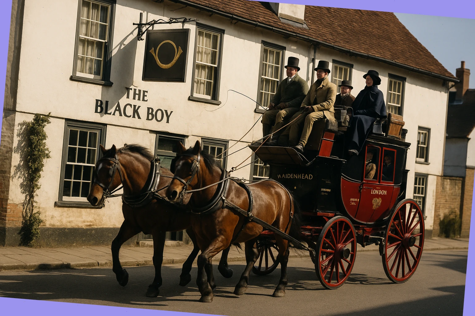 Historic mail coach passing an English coaching inn with post horn emblem